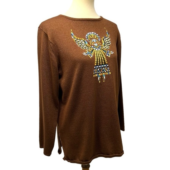 Bob Mackie Wearable Art Brown Metallic Angel Long Sleeve Tunic Top Womens Medium - Picture 8 of 10